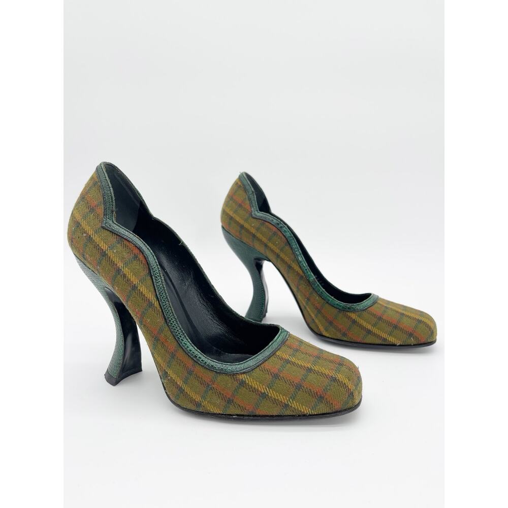 Prada Vintage F/W 2004 Plaid Lizard Embossed Trim Sculptural Heel Pumps IT 38.5